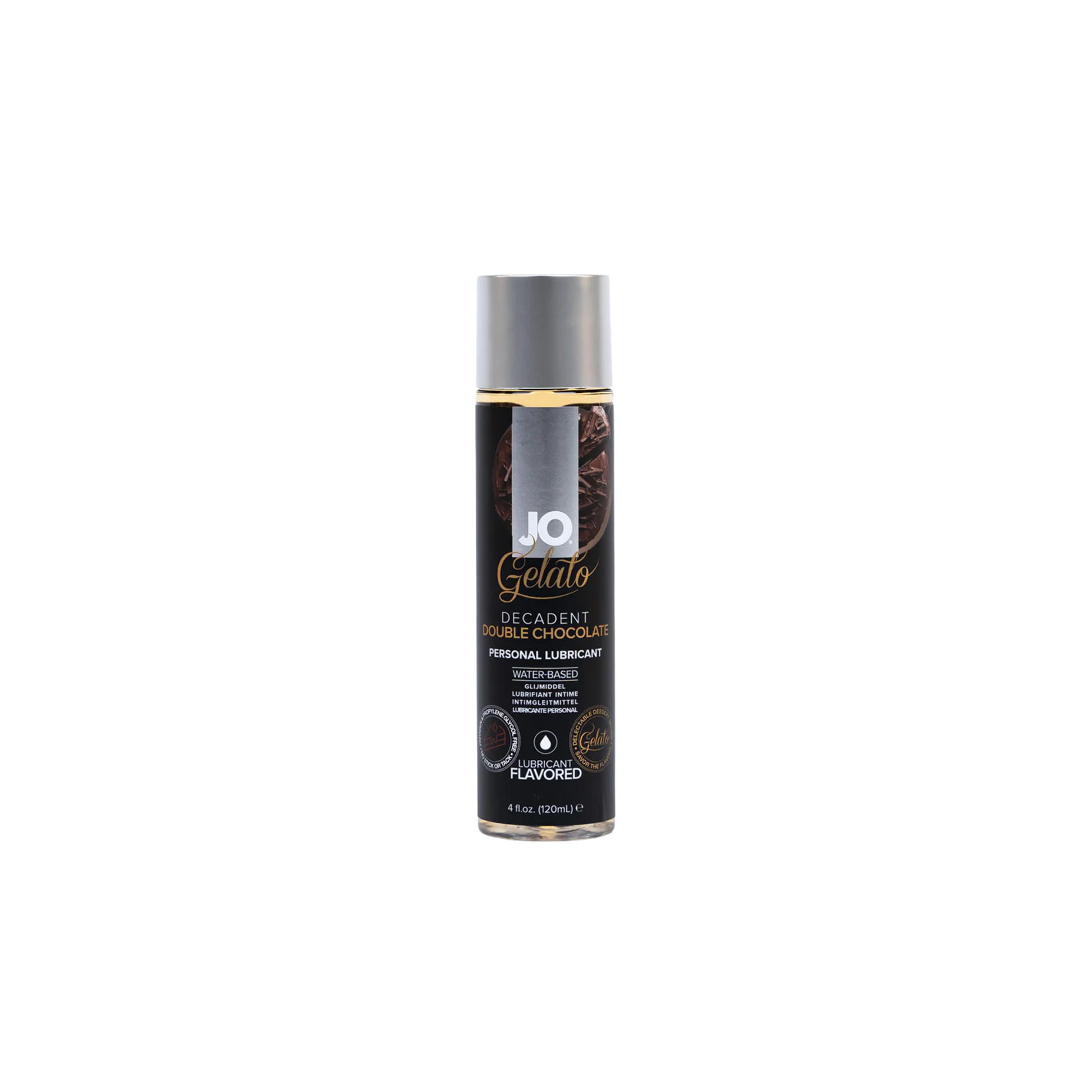 JO Gelato Decadent Chocolate flavored personal lubricant can on a white background